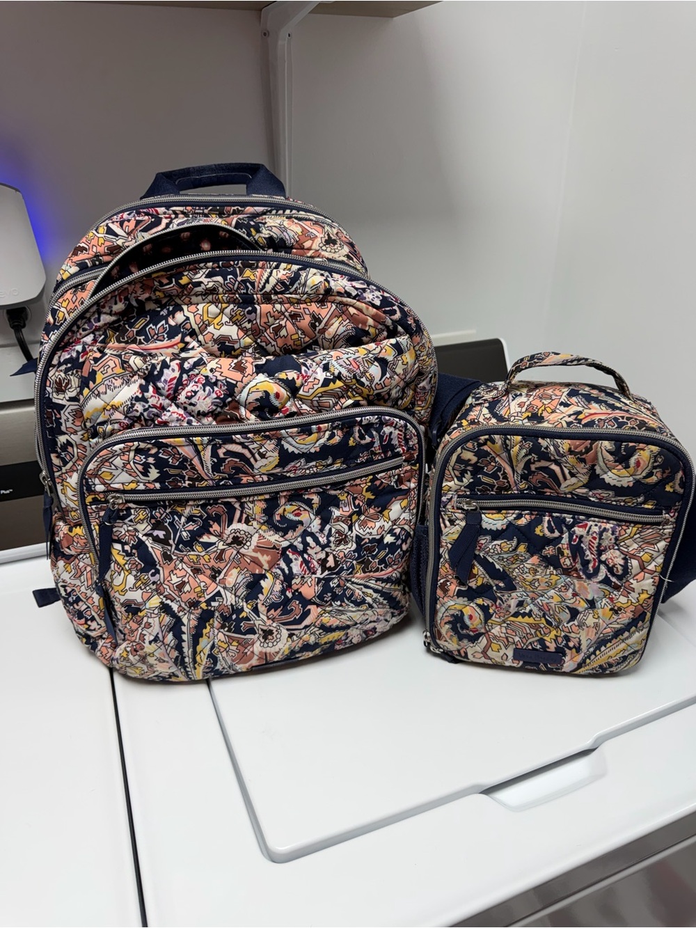 Vera Bradley Navy Quilted Floral Backpack with Matching Lunch Bag